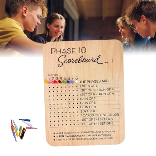 Yacriso Phase-10-Punktetafel, Phase-10-Punkteblätter mit 8 farbigen Stiften, Phase-10-Punktekarte und Rundenzähler aus Holz, Klassische Brettkartenspiele für Familien und Erwachsene (1pc) von Yacriso