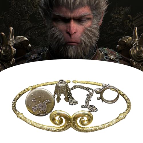 Yagerod 4pcs Black Myth Sun Wukong Set, Wu Kong 4-Piece Collector's Edition Set for Adult, The Constricting Headband, Wind Chime Necklace, Thunderstone Ring, Gold Sun Crow Badge (Small Gold) von Yagerod