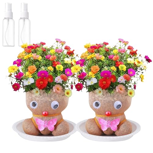 Yagerod Grass Head Doll, Muñeco Crece Pelo, Green Plants Home Decoration, Grass Head Plant Growing In Mini Bonsai Pots, with Tray and Spray Bottle, Potted Craft Plants(Flowers*2) von Yagerod