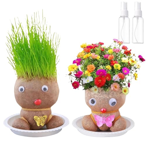 Yagerod Grass Head Doll, Muñeco Crece Pelo, Green Plants Home Decoration, Grass Head Plant Growing In Mini Bonsai Pots, with Tray and Spray Bottle, Potted Craft Plants(Grass+Flowers) von Yagerod