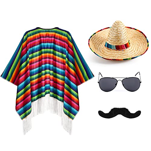 4-teiliges mexikanisches Party-Kostüm-Set für Erwachsene, Cinco de Mayo Fiesta Serape Poncho Kostüm Zubehör beinhaltet mexikanischen Fiesta Serape Poncho mexikanische Sombrero Hut Sonnenbrille und Schnurrbart, 132,1 x 160 cm von Yahenda