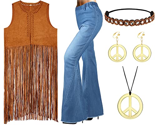 5-teiliges Hippie-Kostüm-Set für Damen, 70er-Jahre, Fransen, Weste, Boho, ausgestellte Hose, Friedenszeichen, Ohrringe, Stirnband und Halskette (Größe XL) von Yahenda