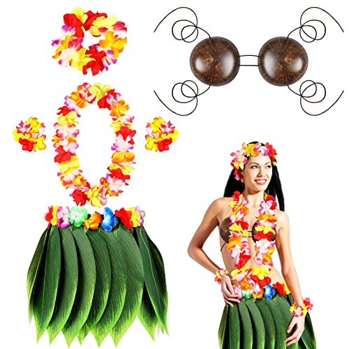 Hawaiikostüm für Frauen Set, Hawaii-Blatt Hula-Rock mit Blumenleis und Kokosnussschale BH Bikini Oberteil, Grasrock mit künstlichen Hibiskusblumen für Hawaii Luau Party von Yahenda