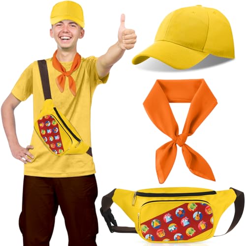 Yahenda 3-teiliges Halloween-Entdecker-Kostüm-Set, inklusive gelbem Baseballmütze, Abzeichen, Hüfttasche und Halstuch, Abenteuerfilm inspirierter Charakter, Outfit-Zubehör für Halloween-Party, Orange, von Yahenda