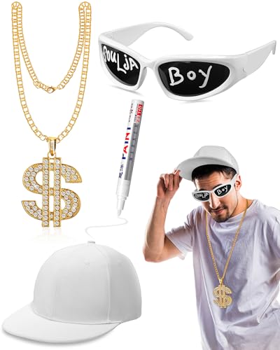 Yahenda 4-teiliges Halloween-Hip-Hop-Kostüm-Set, Rapper-Zubehör, 2000er-, 80er-, 90er-Jahre Outfit für Erwachsene, Rapper-Sonnenbrille, Weiß und Gold, Weiß / goldfarben, 22.83 to 23.62 inches von Yahenda