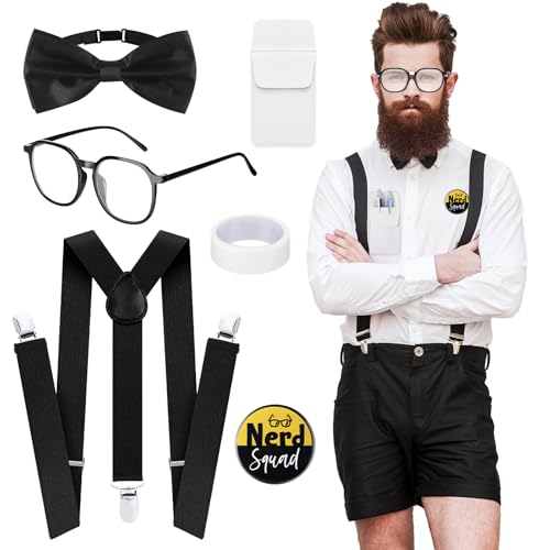 Yahenda 5-teiliges Nerd-Set für Erwachsene, inklusive Fliege, geklebte Brille, Taschenschutz, Nerd-Knöpfe für Halloween, Kostümzubehör, mehrfarbig, Mehrfarbig, 6.30 x 3.15 inches von Yahenda