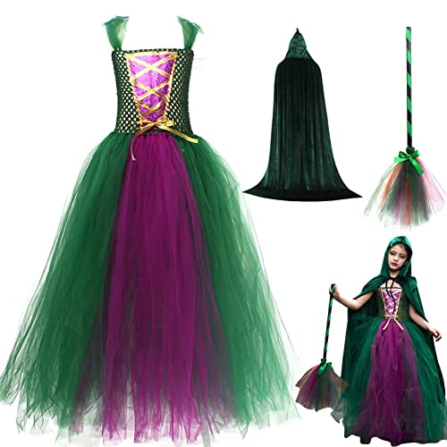 Yajexun Hocus Pocus Hexe für Kinder, 3-teiliges Set, Winifred Sanderson Sisters, Kostü mit Besenumhang, Halloween, Party, Cosplay, Kleid aus Tüll, für Mädchen im Alter von 2 bis 10 Jahren von Yajexun