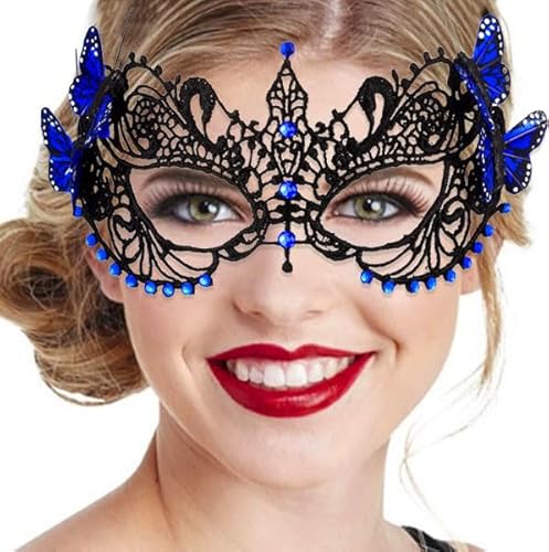 Yalice Schmetterlingsmaske, Damen, Spitze, Augenmaske, schwarz, Kostümmaske, funkelnd, Perlen, venezianische Ballmaske für Rollenspiele (blau) von Yalice