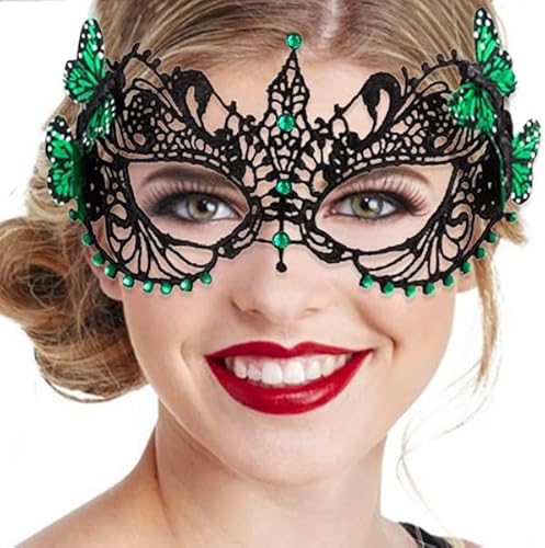 Yalice Schmetterlingsmaske, Damen, Spitze, Augenmaske, schwarz, Kostümmaske, funkelnd, Perlen, venezianische Ballmaske für Rollenspiele (grün) von Yalice