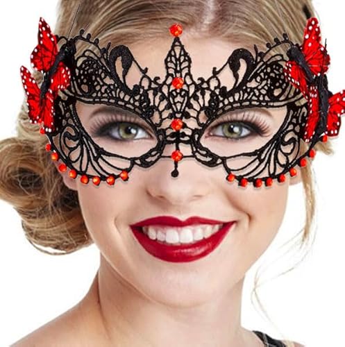 Yalice Schmetterlingsmaske, Damen, Spitze, Augenmaske, schwarz, Kostümmaske, funkelnd, Perlen, venezianische Ballmaske für Rollenspiele (rot) von Yalice