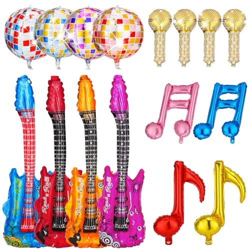 Yamitora Luftgitarren zum Aufblasen, 16 Stück Disco Party Deko Aufblasbare Gitarre Luftgitarre Set mit Aufblasen Discokugel Luftballon Mikrofon Notizen für Kinder ErwachseneRock Party Deko Carnival von Yamitora