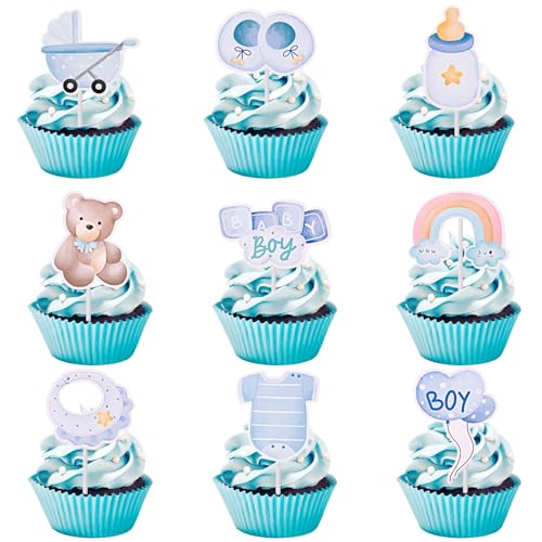 36 Stück Babyparty Tortendeko Junge, Baby Boy Cupcake Toppers, Blau Baby Shower Tortendeko Baby Muffin Deko Gender Reveal Party Deko von Yamitora