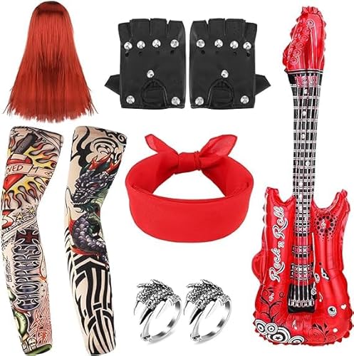 Yamitora Aufblasbare Luftgitarre Aufblasbare Gitarre 9 Stücke Punk Gothic Rocker Kit, Rocker Kostüm Herren, Punker Rockstar Kostüm Accessoires Perücke, Tattoo ärmel, Handschuhe, Bandana, Ringe von Yamitora