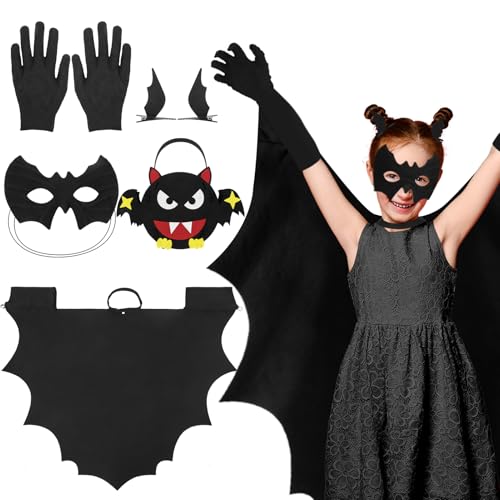 Fledermaus Halloween Kostüm für Kinder, Kostüm Fledermaus + Fledermaus Maske + Handtasche + Handschuhe + 2 Stück Haarspangen Fledermaus, Fledermaus Kostüm Set für Halloween Kinder Cosplay Party von Yamitora