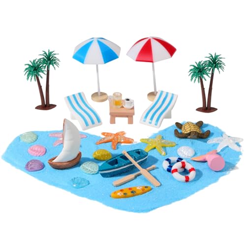 Yamitora 31 Stück Strand-Mikrolandschaft Miniatur Deko, Sommer Strand Puppenhaus Set mit Mini Liegestuhl, Parasol, Palmen, Muscheln, Sand Meer Zubehör für DIY Fee Garten Pool Geburtstagsgeschenk von Yamitora