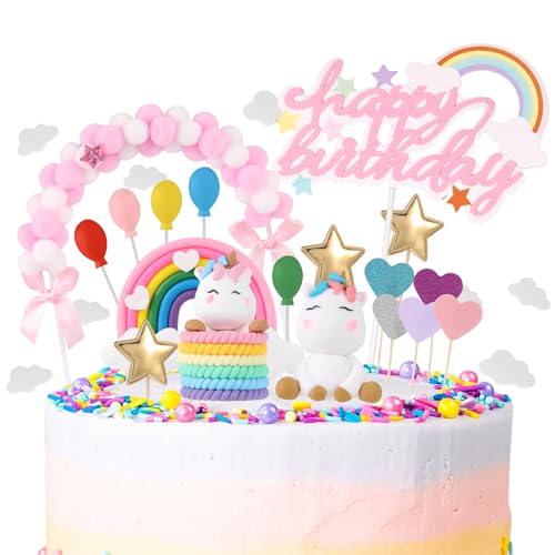 Yamitora 34 Stück Einhorn Tortendeko Geburtstag,Tortendeko Einhorn Mädchen,Einhorn Kuchen Topper Set,Macaron Kuchen Deko Einhorn Happy-Birthday Wolke Sterne für Kinder Mädchen von Yamitora