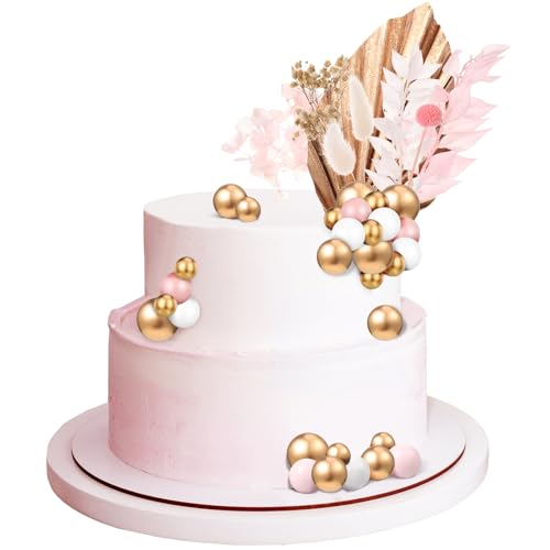 Yamitora 39 Stück Tortendeko Kugeln, Rosa Gold Boho Tortendeko Blumen, Cake Topper Geburtstag, Goldene Palmblätter-Kuchenaufsatz für Hochzeit, Geburtstag, Party, Babyparty, Valentinstag von Yamitora