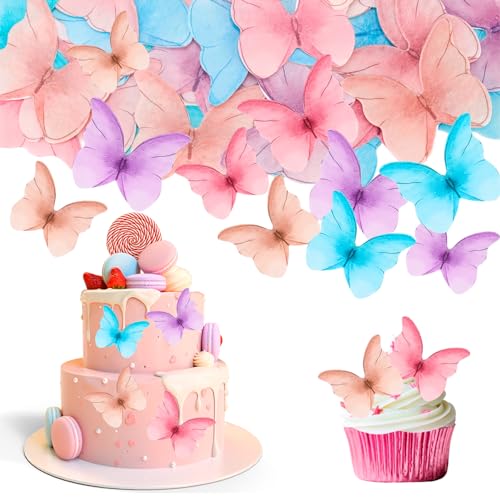 Yamitora 48 Stück Essbare Schmetterlinge für Torte, Schmetterlinge Tortendeko Cupcake Dekoration, Rosa Schmetterlinge Cupcake Topper für Hochzeit, Geburtstag, Party（6 Color） von Yamitora