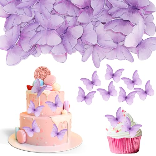 Yamitora 48 Stück Essbare Schmetterlinge für Torte, Schmetterlinge Tortendeko Cupcake Dekoration, Rosa Schmetterlinge Cupcake Topper für Hochzeit, Geburtstag, Party（Purple） von Yamitora