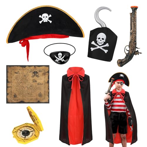Yamitora 7-teiliges Piratenkostüm Kinder, Captain Pirate Kostüm Zubehör Set Cosply Kostüm Party Zubehör Kinder für Karneval,Halloween,Piraten Party Kostüm Prop von Yamitora