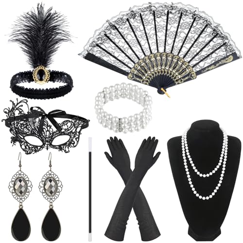 Yamitora 8 Stück Jahre Kostüm Damen Accessoires, 1920s Damen Charleston Accessoires mit Perlenkette Ohrringen Stirnband Handschuhen Great Accessoires Set von Yamitora