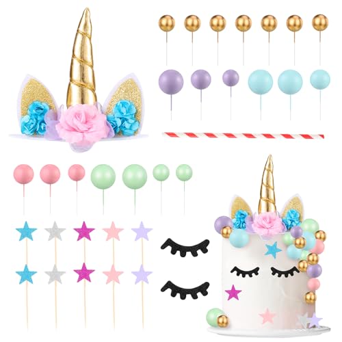 Yamitora Einhorn Tortendeko,32 Stück Kuchen Topper Set,3D Einhorn Kuchen Topper,Einhorn Niedlich Horn Ohren und Wimpern Kuchen Torte Deko für Party Supplies Geburtstag Hochzeit Weihnachten von Yamitora