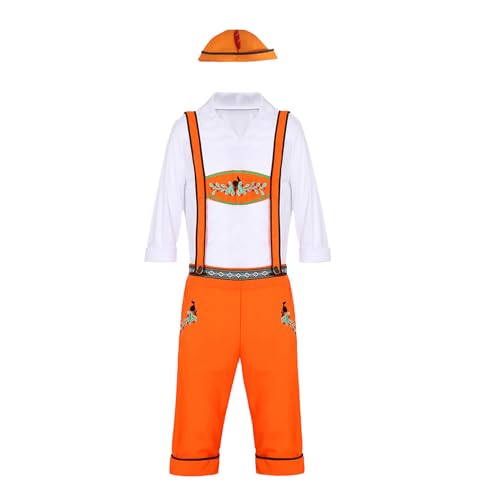 Baby Festlich Jungen Kleinkind 3PC Bühnenkostüm Anzug 1PC Top + 1PC Trägerhose + 1PC Hut Kinder Traditionelle Bier Festival Kleidung Sticken Hosenträger Anzug Anzug Junge 74 (Orange, 10-11 Years) von Yamjisen