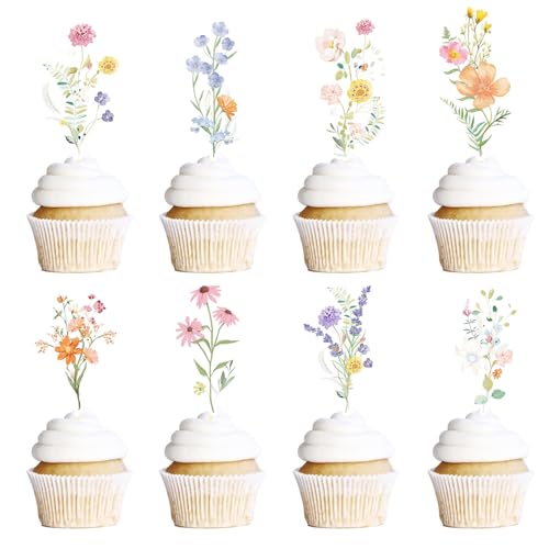 Yamobi Tortendeko Blumen,36 Stück Cupcake Topper Für Mädchen Geburtstag Und Blumenparty,Papierfächer Sterne Cupcake Tortenstecker für Geburtstag Dekoration Mädche von Yamobi