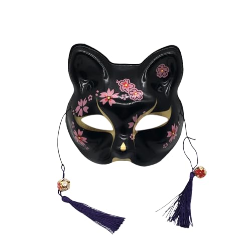 YangYong Kitsune Fuchsmaske für Halloween-Kostüm, Tier-Cosplay, Kabuki, halbes Gesicht, Katze, Maskerade, Party, Schwarze magische Blume, Half Face von YangYong