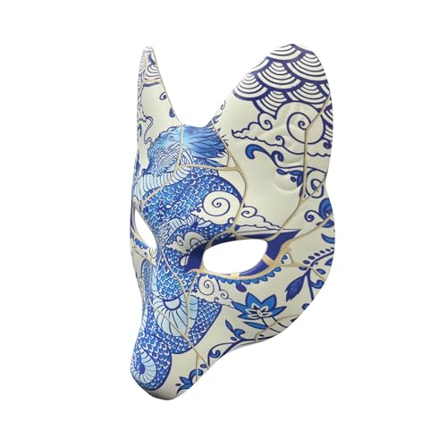 YangYong Kitsune Fuchsmaske für Halloween-Maskerade-Party, Kabuki-PU-Masken für Kostüm (Himmelblauer Drachen) von YangYong