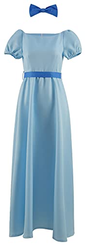 Damen Mädchen Peter Pan Wendy Prinzessin Kleid Anime Cosplay Kostüm Blau Satin Langes Kleid Outfit Halloween Karneval Kleid Komplettset (L, Wendy-Erwachsene) von Yanny