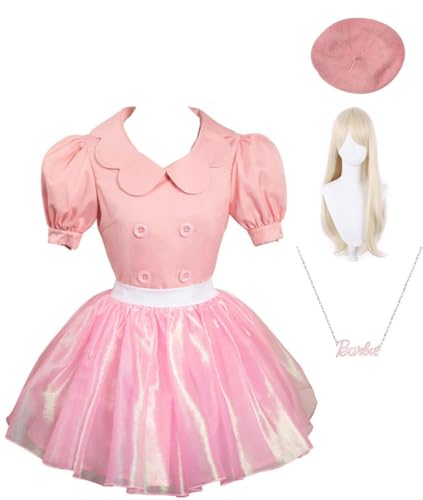 Yanny Bar-bie Cosplay Kleid Accessories Hat Margot Robbie Pink Kostüm Halloween Dress (Pink + Wig, Small) von Yanny