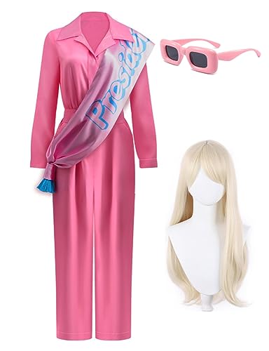 Yanny Bar-bie Ken Cosplay Cowboy Jacket Uniform Margot Robbie Costume Pink Jumpsuit Flare Pant Halloween Outfit (Rosa 2 + Perücke, Small) von Yanny