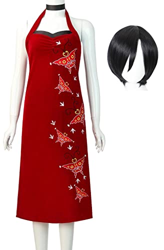 Yanny Frauen Ada Wong Kostüm Cheongsam Ada Wong Cosplay Rotes Kleid Slim Fit Strickpullover Rock Halloween Kostüm (Stil 2 + Perücke, Medium) von Yanny