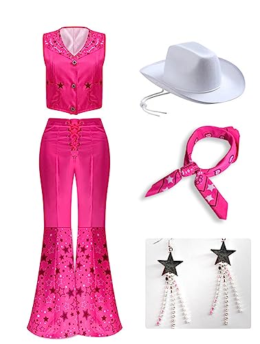 Yanny Margot Robbie Cosplay Kostüm Barbiee Pink Flare Pant Overall Halloween Cosplay für Frauen mit Perücke (Rosa, Medium) von Yanny