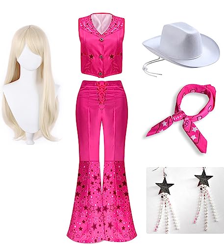 Yanny Margot Robbie Cosplay Kostüm Barbiee Pink Flare Pant Overall Halloween Cosplay für Frauen mit Perücke (Rosa + Perücke, Medium) von Yanny