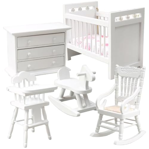 1 12 Skala Dollhouse Möbelset, Holzminiaturmöbel umfassen Babybett, Schaukelpferd, Stuhl, Schrank Baby Schlafzimmer Puppenhauszubehör, Weiß, Puppenhausmöbel von Yaoliucp