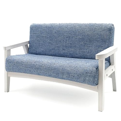 1:12 Dollhouse Couch, Puppenhaus Couch mit Armlehne 1:12 Skala weißes Rahmenpuppenhaus -Sofa mit blau grauem Kissen Holzpuppenhausmöbel für Wohnzimmer, Schlafzimmer von Yaoliucp