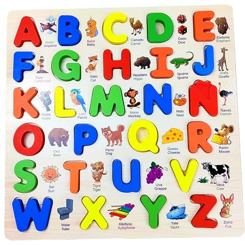 Alphabet -Puzzle -Set, 11.81x11.81inch Spanische Alphabet -Kleinkind -Rätsel, Holzname Puzzle -Boards mit Bildern, Bildungs ​​-ABC -Puzzle -Erkennungsblöcke für Jungen & Mädchen Kleinkind -Rätsel Rät von Yaoliucp