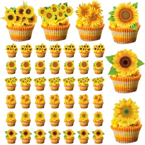 Sunflower Cupcake Toppers, 48pcs 6 Styles Sonnenblumenkuchen -Topper, einfach zu geburtstag Cupcake Toppers für Theme Bithday School Party, Sunflower Cupcake Topper von Yaoliucp