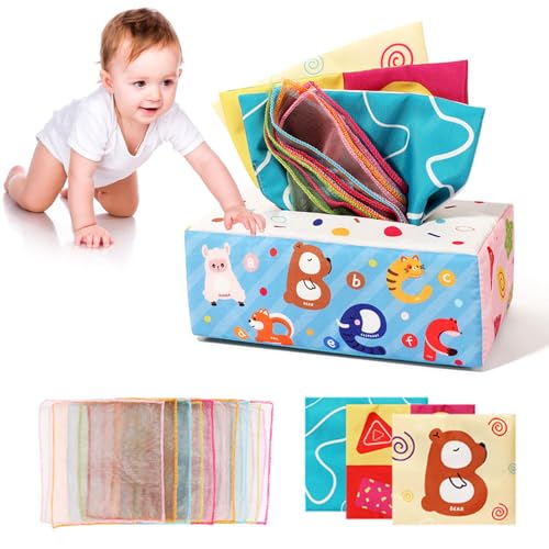 Yaoliucp Baby Tissue Box Spielzeug 0-6 Monate Sensorisches Spielzeug für Babys Crinkle Toys Early Learning Toys für Babygeschenke Numerisches Alphabet, Baby Tissue Box Toy von Yaoliucp