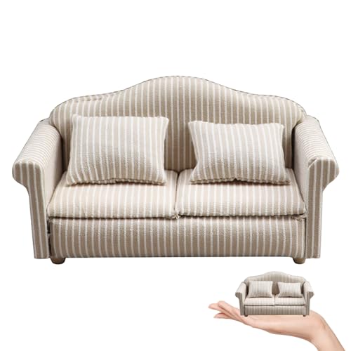 Yaoliucp Dollhouse Couch Miniatur Beige Stripe Dollhouse Stuhl mit dekorativem Wurfkissen Multifunktional Dollhouse Möbel für Dollhouse Wohnzimmer Schlafzimmer, Doppel Couch, Puppenhaus Couch von Yaoliucp