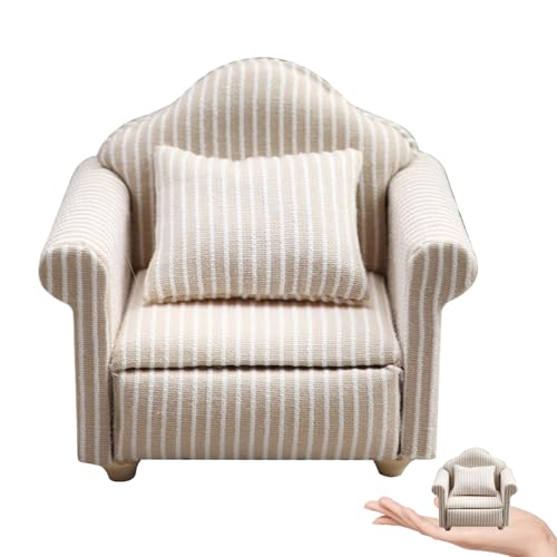 Yaoliucp Dollhouse Couch Miniatur Beige Stripe Dollhouse Stuhl mit dekorativem Wurfkissen Multifunktional Dollhouse Möbel für Dollhouse Wohnzimmer Schlafzimmer, Single Couch, Dollhouse Couch von Yaoliucp