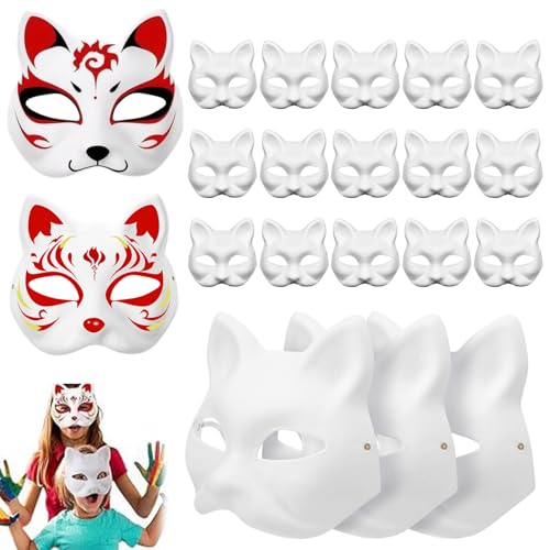 Yaoliucp Katzenmasken zum Malen von 20 PCs DIY White Cat Maske niedliche realistische Therian Maske Dekorative Halbgesicht Tiermaske für Halloween Masquerade Cosplay Party, Katzenmaske Therian von Yaoliucp