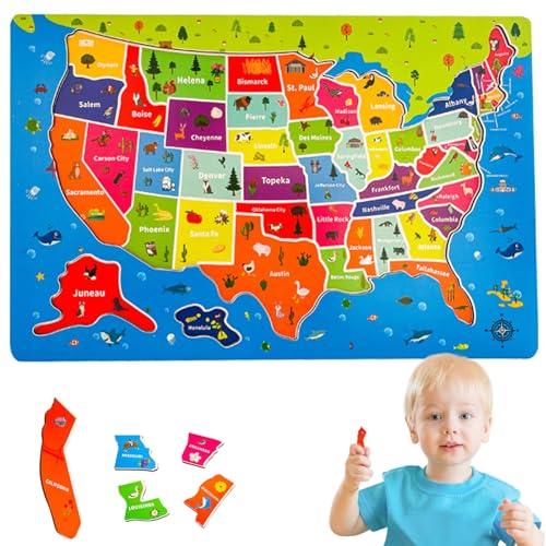 Yaoliucp Kinder Rätsel, 45pcs USA Map Puzzles Hölzern magnetische Rätsel für Kinder im Alter von 4 bis 6 Jahren, Rot, USA Karte von Yaoliucp