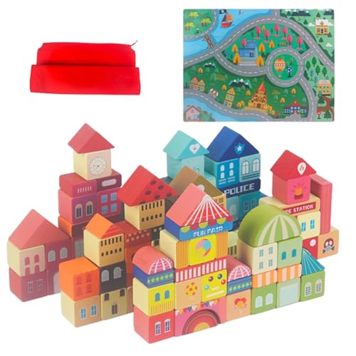 Yaoliucp Stadtbausteine ​​| 1 Set Bausteine, 110pcs Holzbausteine ​​mit 20 PCS -Szene Puzzle & Aufbewahrungstasche Stadtmotiven Stapel -Kleinkind -Bauspielzeug Vorschule Lernblock von Yaoliucp