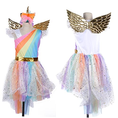 Yardenfun Unicorn Kostü Für ädchen Farbiges Halloween Kostü Mit Kleid Kopfstück Und Flügeln Perfekt Für Partys Karneval Und Fasching Größe XL 130 von Yardenfun