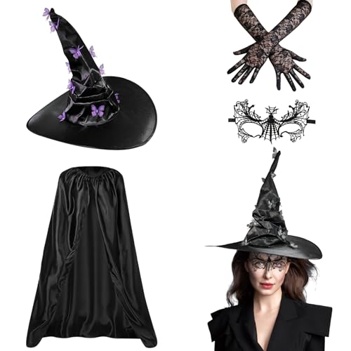 Halloween Hexenhut Damen Schwarz, Halloween Hut Schwarz Hexen Hut mit Schmetterling, Retro Spitze Handschuhe und Brillen, Hexenumhang Damen, Kostüm Hexen Accessoires für Halloween Cosplay & Maskerade von Yarteim