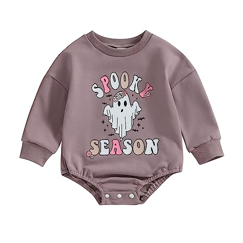 Yassiglia Baby Mädchen Halloween Outfit Ghost Print Romper Overall Langarm Rundhalsausschnitt Bodysuit Neugeborenes Halloween Kostüm (Lila, 0-3 Months) von Yassiglia