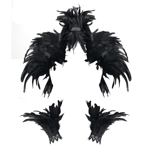 Damen Spitze Federschal Pfau Kostüm Damen Vintage Feder Schal Umhänge Schulterumhang Cape Gothic Federboa Kostüm Vogel Karneval Kostüme Samba für Karneval Halloween Maskerade (A) von Yavitality